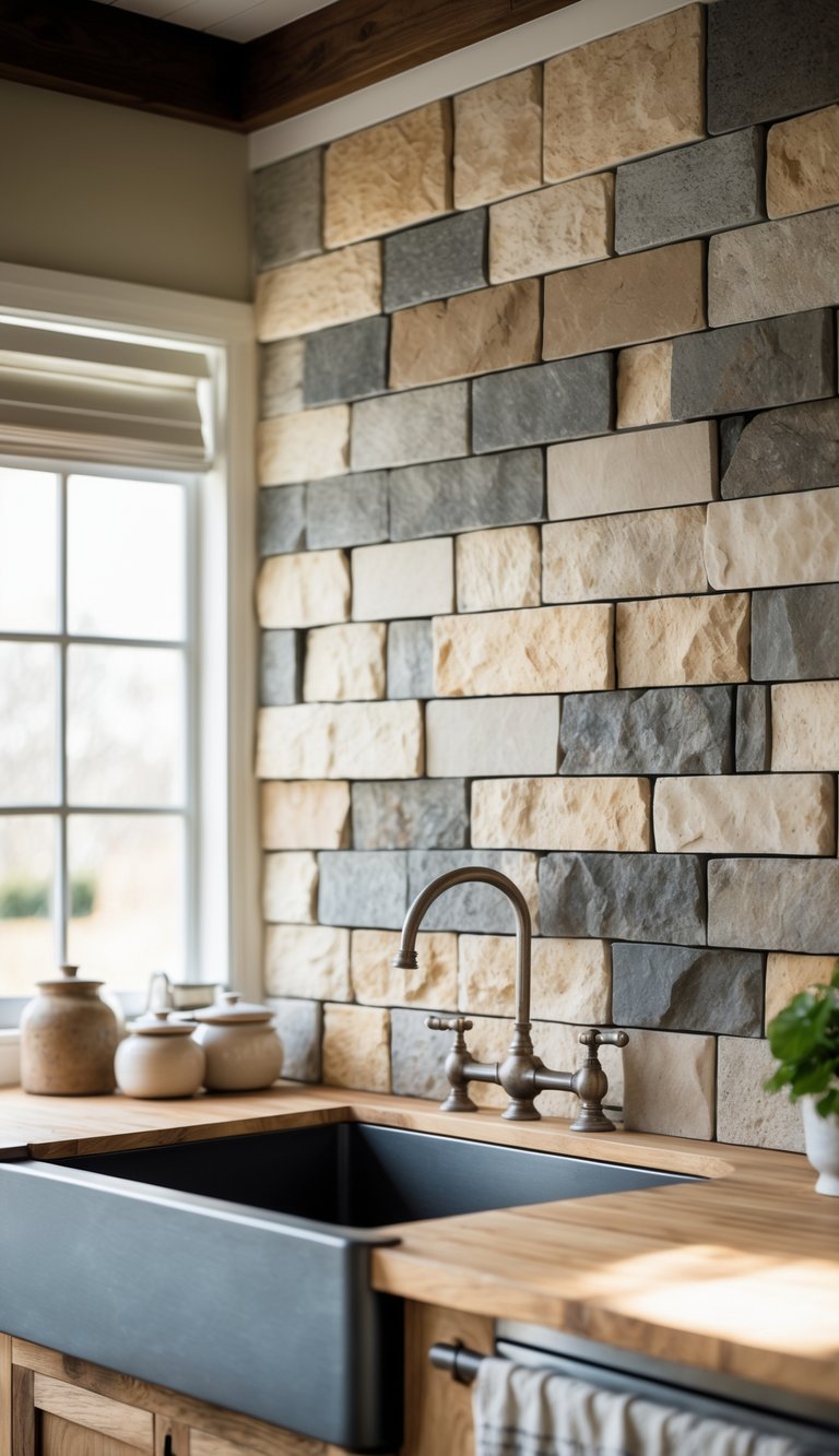 A farmhouse kitchen with a textured stone slab backsplash behind a wooden countertop and sink.