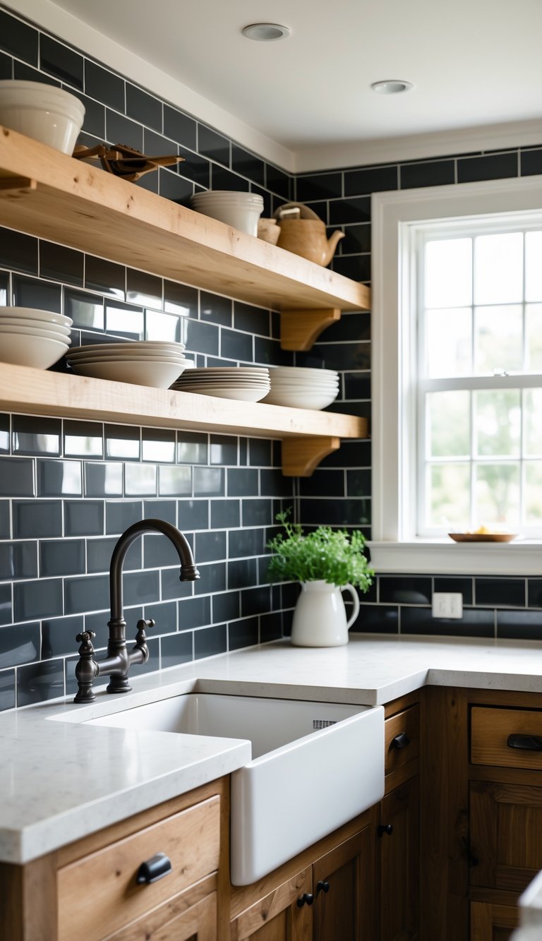 A farmhouse kitchen with a matte black ceramic tile backsplash, a farmhouse sink, wooden shelves, and a light-colored countertop.