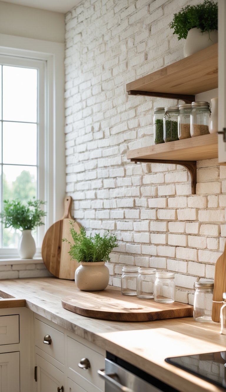 A farmhouse kitchen with a whitewashed brick backsplash, wooden countertop, and simple kitchen items including a vase with herbs and glass jars.