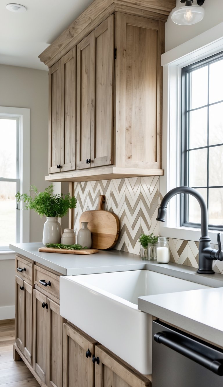 A farmhouse kitchen with wooden cabinets, a chevron patterned tile backsplash, a farmhouse sink, and natural light coming through windows.