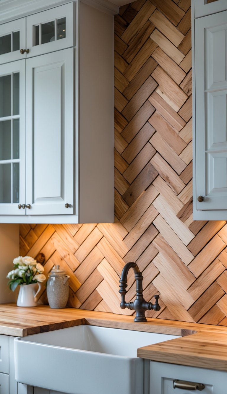 A farmhouse kitchen with a maple wood backsplash arranged in a herringbone pattern, white cabinets, and a farmhouse sink.