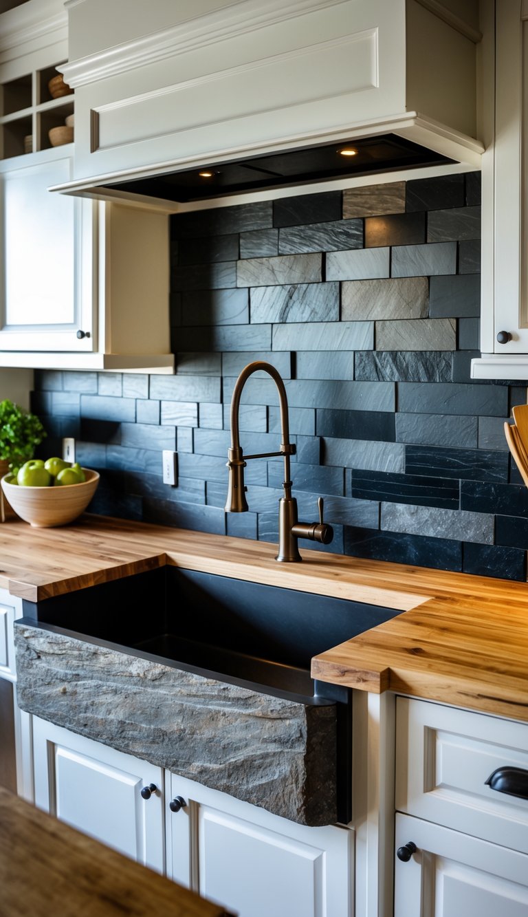 A farmhouse kitchen with white cabinets and a black slate tile backsplash behind a wooden countertop and farmhouse sink.