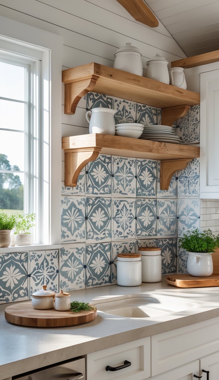 A farmhouse kitchen with a patterned tile backsplash, white cabinets, wooden shelves, and kitchen accessories on the countertop.