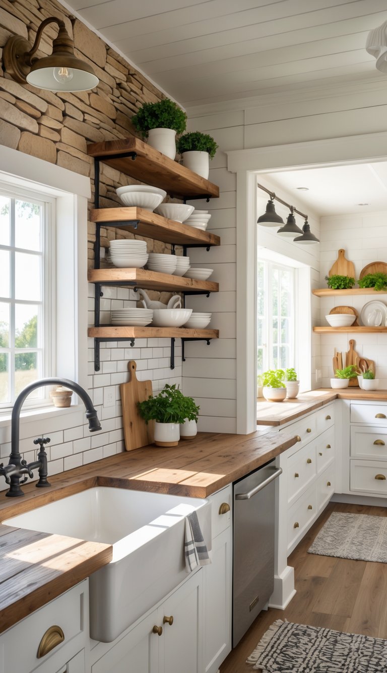 A farmhouse kitchen with different backsplash materials including stone, white tiles, wood, and patterned tiles, featuring wooden shelves, brass fixtures, and potted herbs.