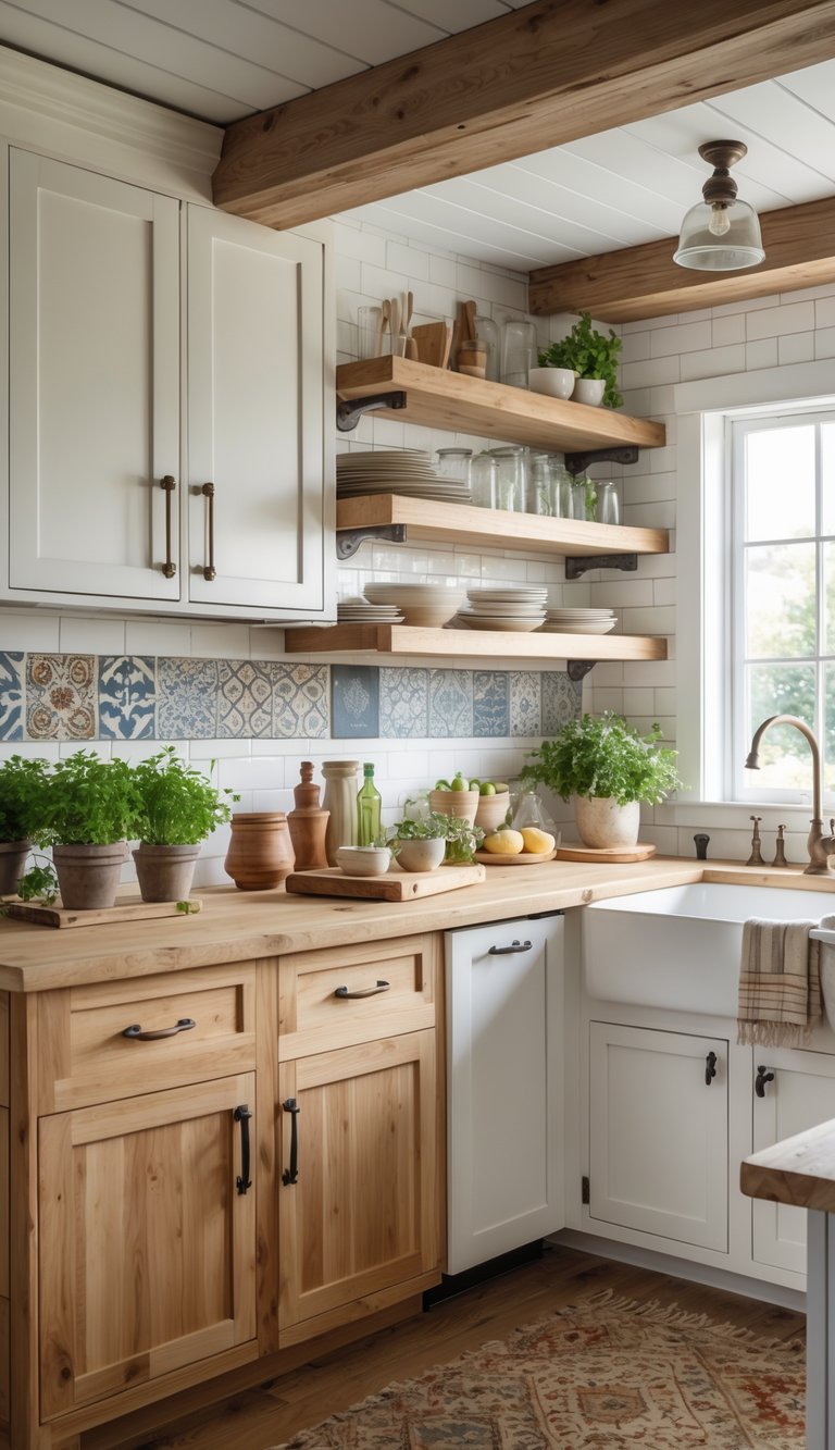 A bright kitchen with wooden cabinets, a tiled backsplash, and kitchenware arranged on the countertop and shelves.