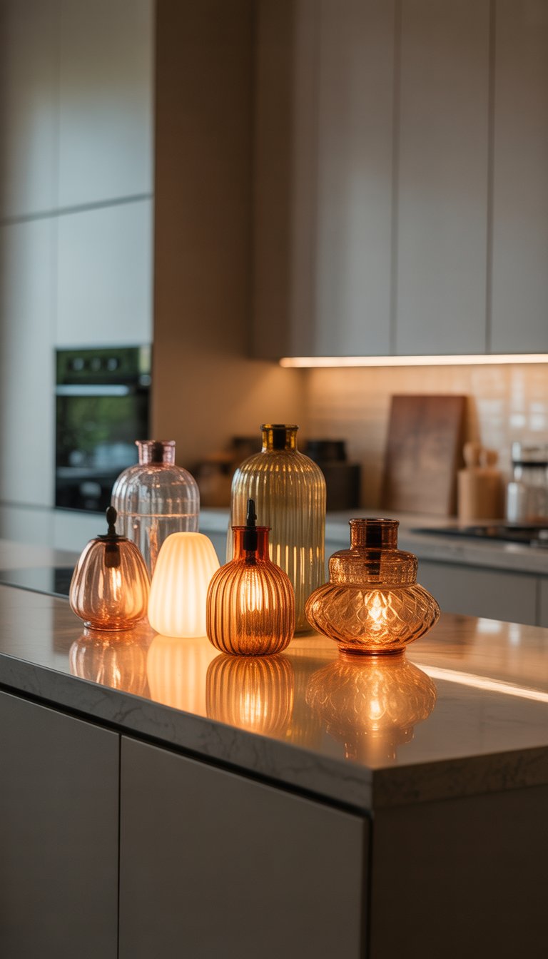 19 Kitchen Counter Lamp Ideas for Functional Lighting 4 A kitchen counter displaying several amber-toned glass lamps emitting warm light.