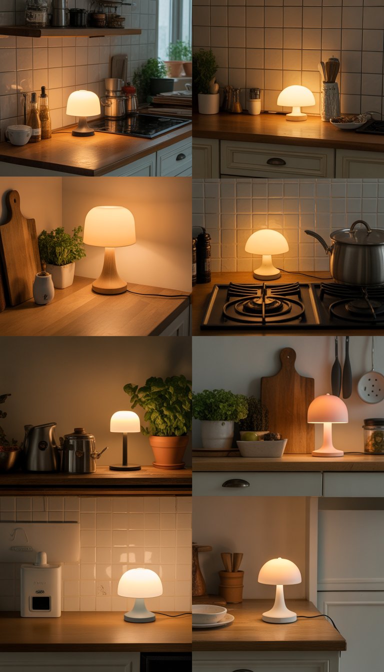 19 Kitchen Counter Lamp Ideas for Functional Lighting 5 Small tabletop lamps glowing softly on kitchen counters in cozy kitchen corners with various kitchen items around.