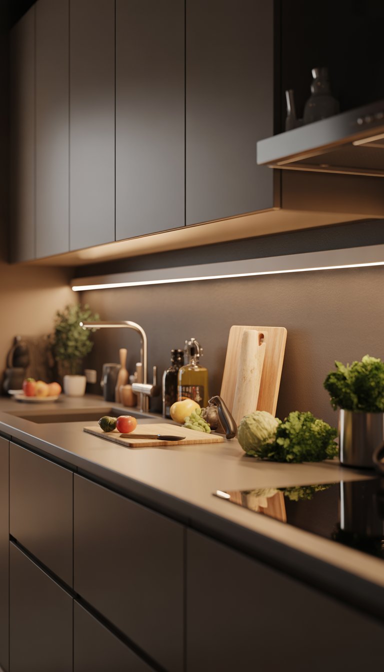 19 Kitchen Counter Lamp Ideas for Functional Lighting 6 A modern kitchen countertop brightly lit by LED under-cabinet lights with kitchen tools and fresh vegetables on the counter.
