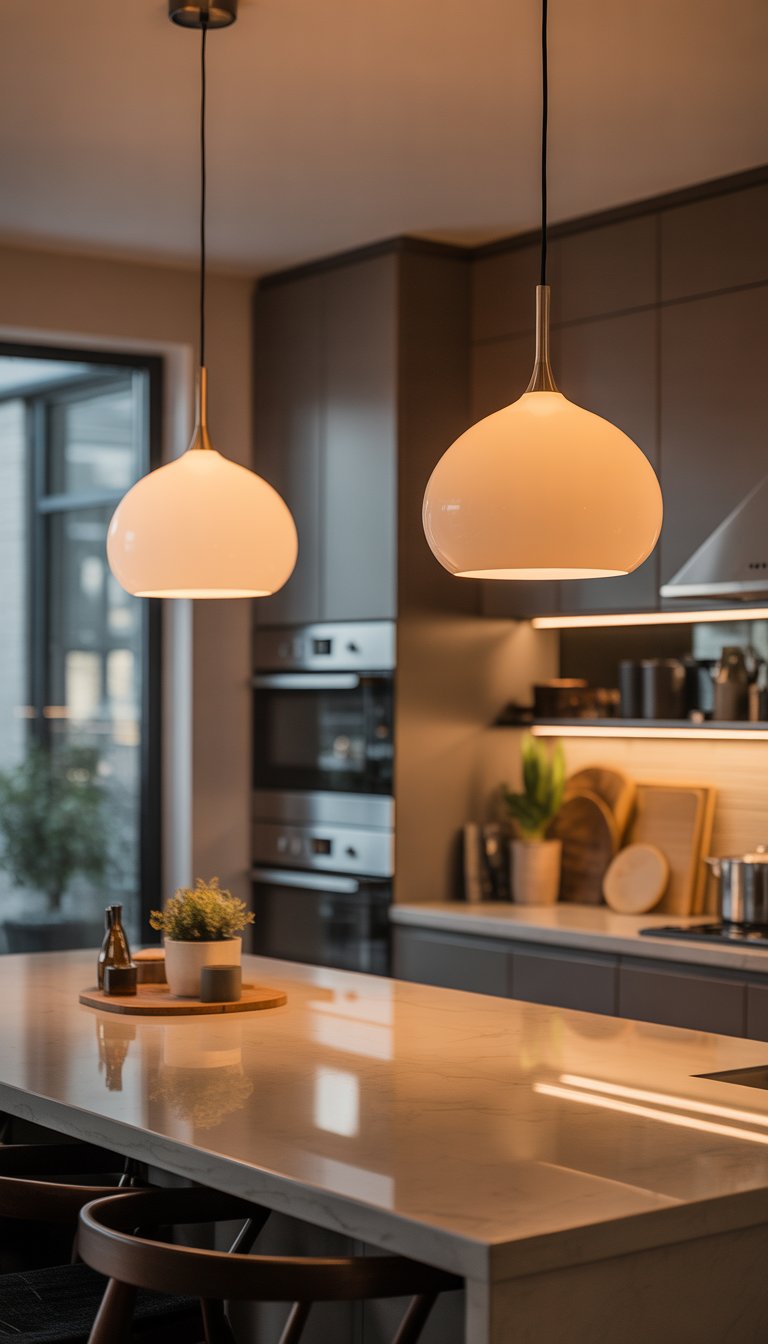 19 Kitchen Counter Lamp Ideas for Functional Lighting 10 A modern kitchen with warm pendant lights hanging above two kitchen islands and polished stone counters.