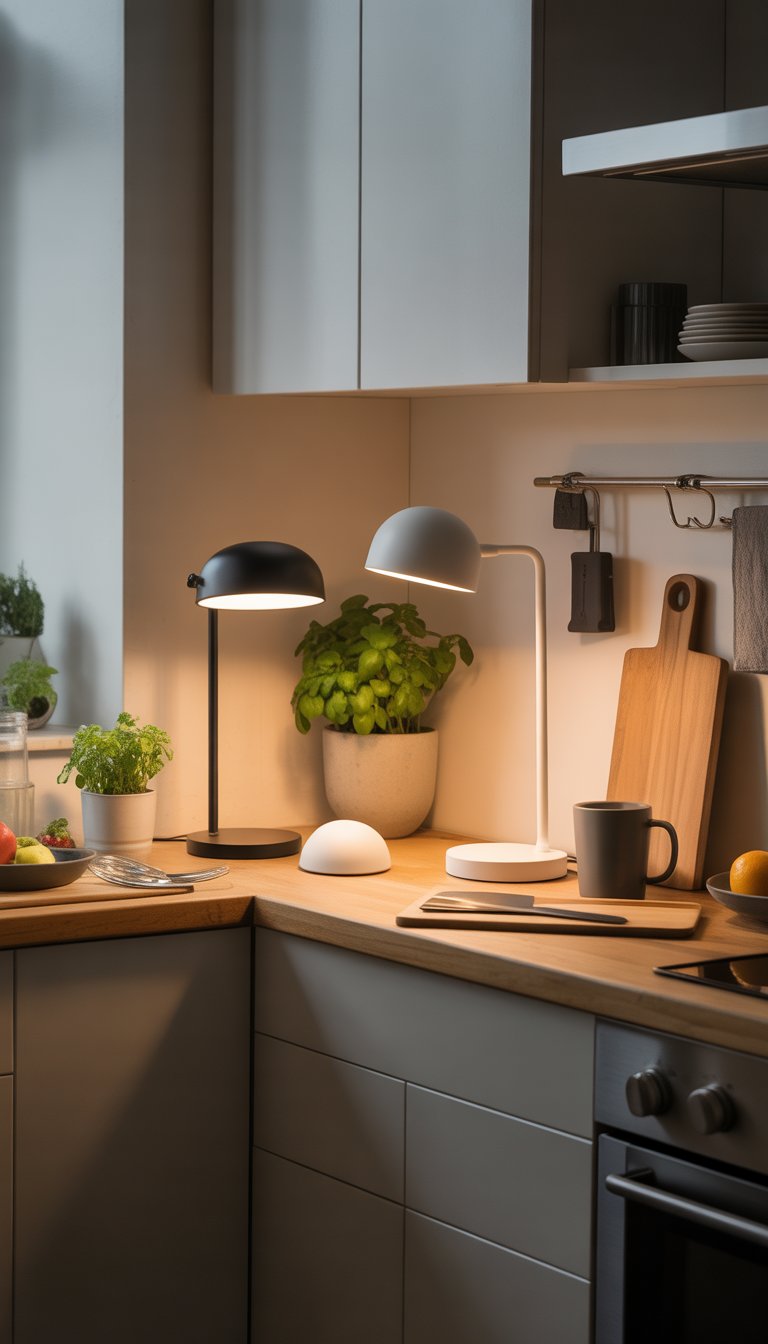 19 Kitchen Counter Lamp Ideas for Functional Lighting 11 A kitchen counter with several small lamps arranged neatly among kitchen items in a compact space.