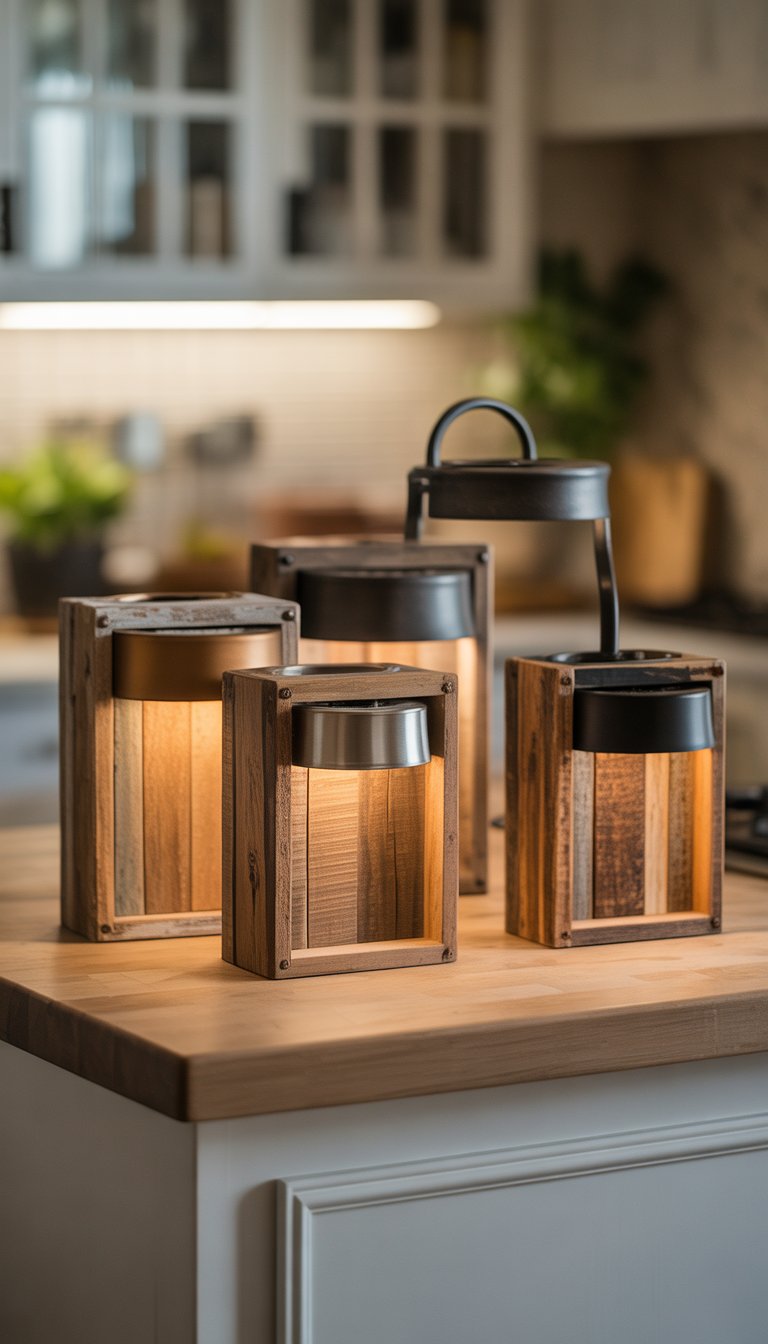 19 Kitchen Counter Lamp Ideas for Functional Lighting 12 A kitchen countertop with several lamps made from wood and metal, softly lit and arranged neatly in a bright kitchen.