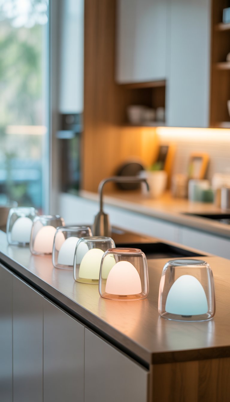 19 Kitchen Counter Lamp Ideas for Functional Lighting 14 A kitchen counter with clear glass base lamps emitting soft colored light, creating a warm and inviting atmosphere.
