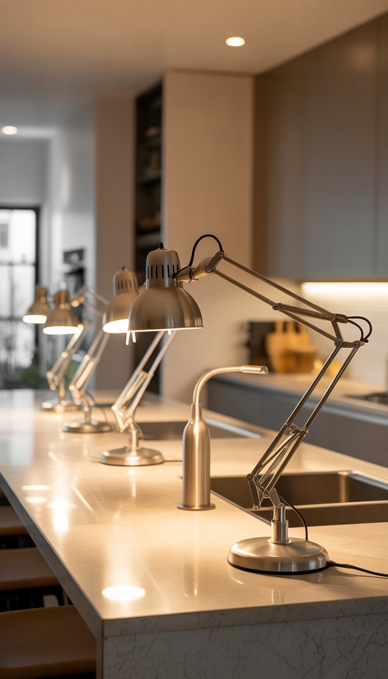 19 Kitchen Counter Lamp Ideas for Functional Lighting 16 A modern kitchen counter lit by several adjustable arm lamps with flexible joints and heads.
