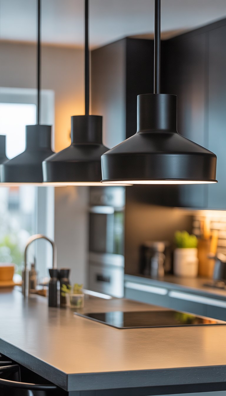 19 Kitchen Counter Lamp Ideas for Functional Lighting 18 A modern kitchen counter with sleek black metal lamps illuminating the space.