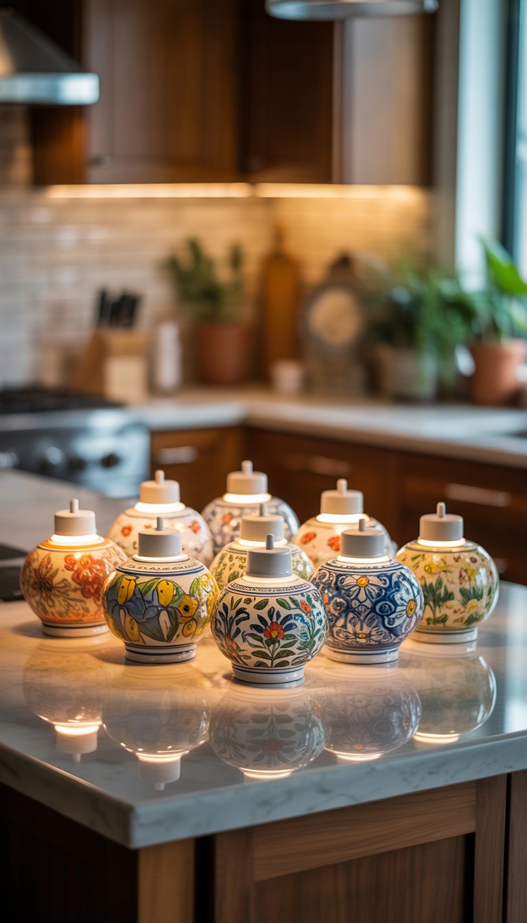 19 Kitchen Counter Lamp Ideas for Functional Lighting 19 A kitchen counter displaying several ceramic lamps with colorful hand-painted designs, set against a modern kitchen background.