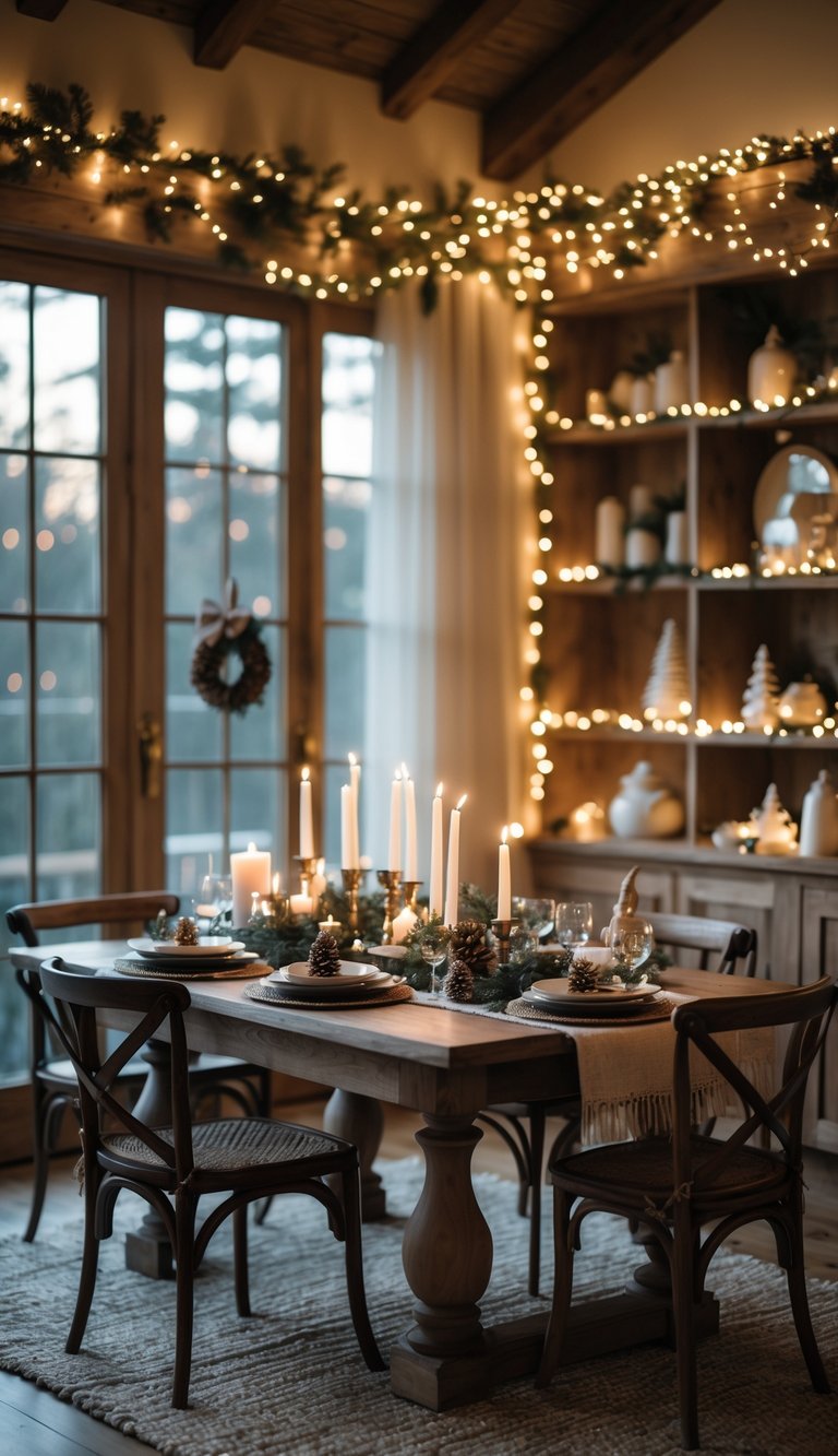 Christmas Dining Room Decor Ideas: 21 Festive Looks to Try 2 A Christmas dining room with warm white fairy lights around windows and shelves, a decorated dining table, and festive holiday decorations.