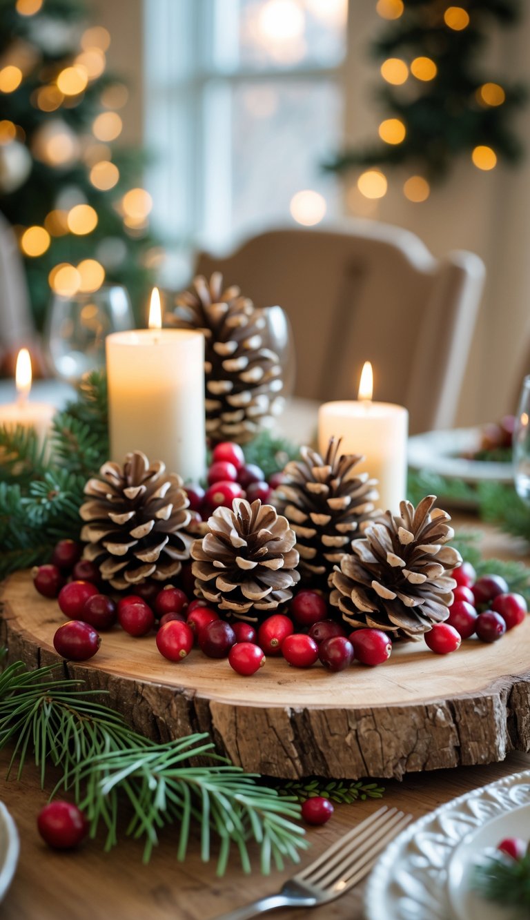 Christmas Dining Room Decor Ideas: 21 Festive Looks to Try 3 A rustic wooden centerpiece with pinecones and cranberries on a dining table decorated for Christmas.