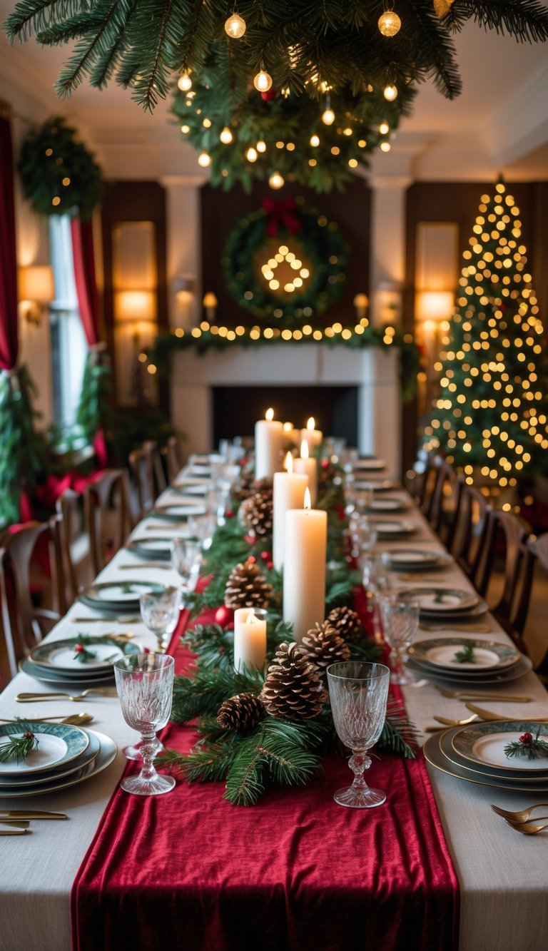 Christmas Dining Room Decor Ideas: 21 Festive Looks to Try 4 A dining table set for Christmas with a red velvet table runner, holiday decorations, candles, and festive centerpieces in a warmly lit room.