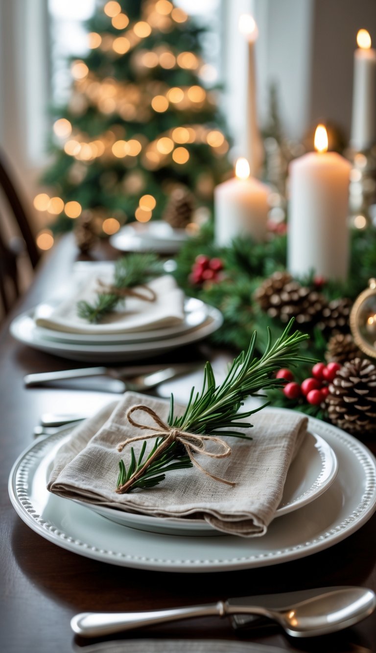 Christmas Dining Room Decor Ideas: 21 Festive Looks to Try 6 A Christmas dining table set with plates, each adorned with a sprig of fresh rosemary tied with twine, surrounded by festive decorations and soft candlelight.