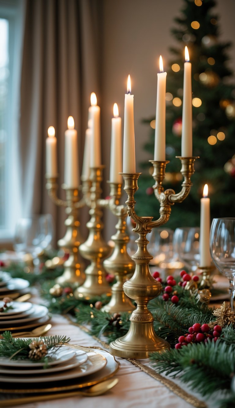 Christmas Dining Room Decor Ideas: 21 Festive Looks to Try 7 Vintage brass candlesticks with lit candles on a decorated Christmas dining table in a cozy dining room.