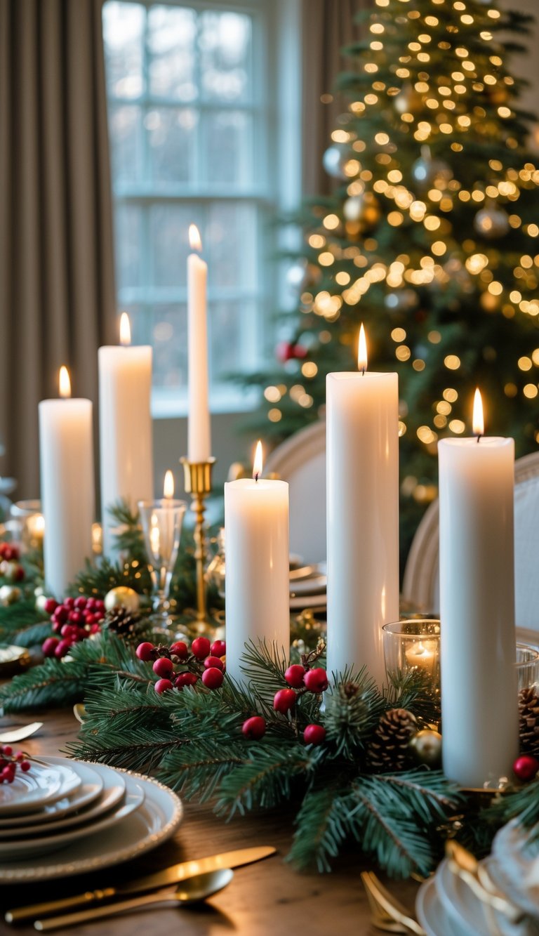 Christmas Dining Room Decor Ideas: 21 Festive Looks to Try 8 A dining table decorated with white pillar and taper candles surrounded by Christmas greenery and ornaments.
