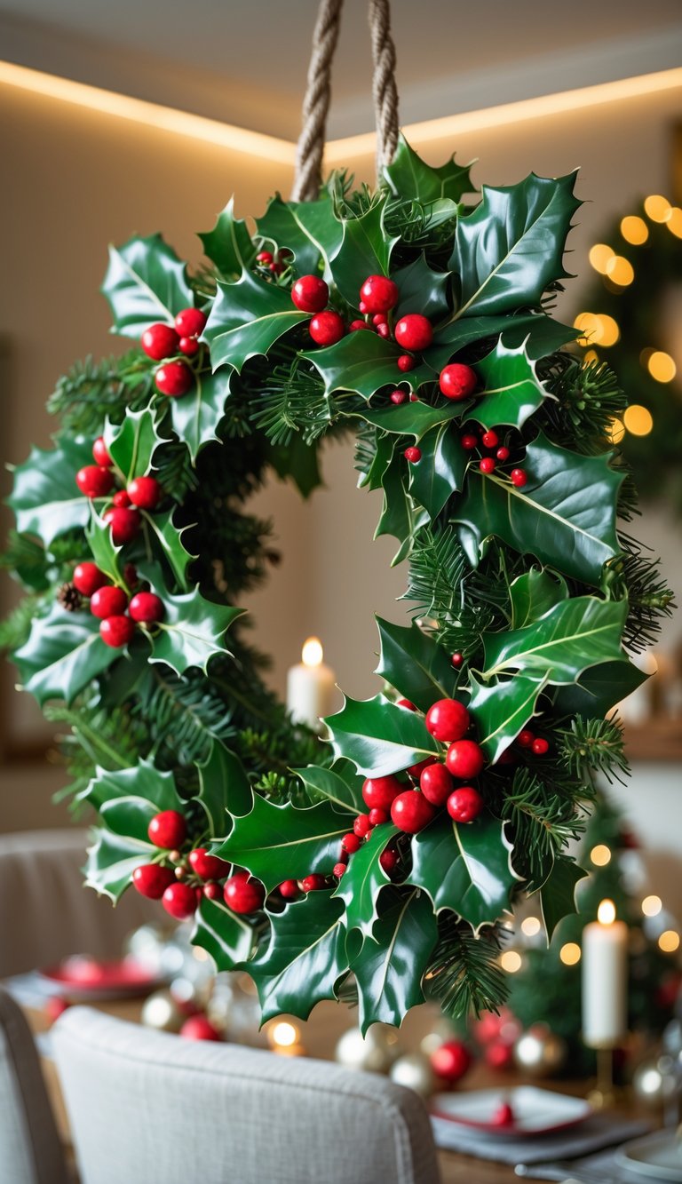 Christmas Dining Room Decor Ideas: 21 Festive Looks to Try 9 A festive Christmas wreath with holly and eucalyptus hanging on a wall in a decorated dining room.