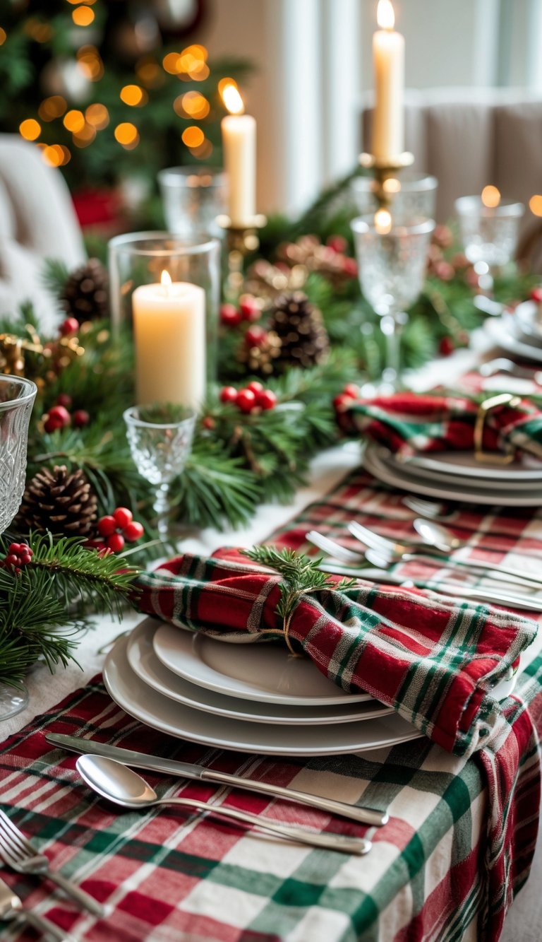 Christmas Dining Room Decor Ideas: 21 Festive Looks to Try 10 A Christmas dining table set with a plaid tablecloth, matching napkins, candles, pinecones, and holiday decorations.