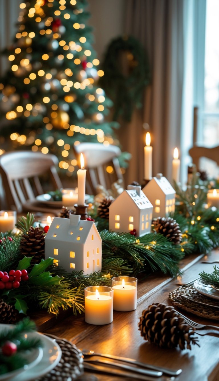 Christmas Dining Room Decor Ideas: 21 Festive Looks to Try 11 A Christmas dining room with small white ceramic houses glowing with candles on a decorated wooden table and a Christmas tree in the background.