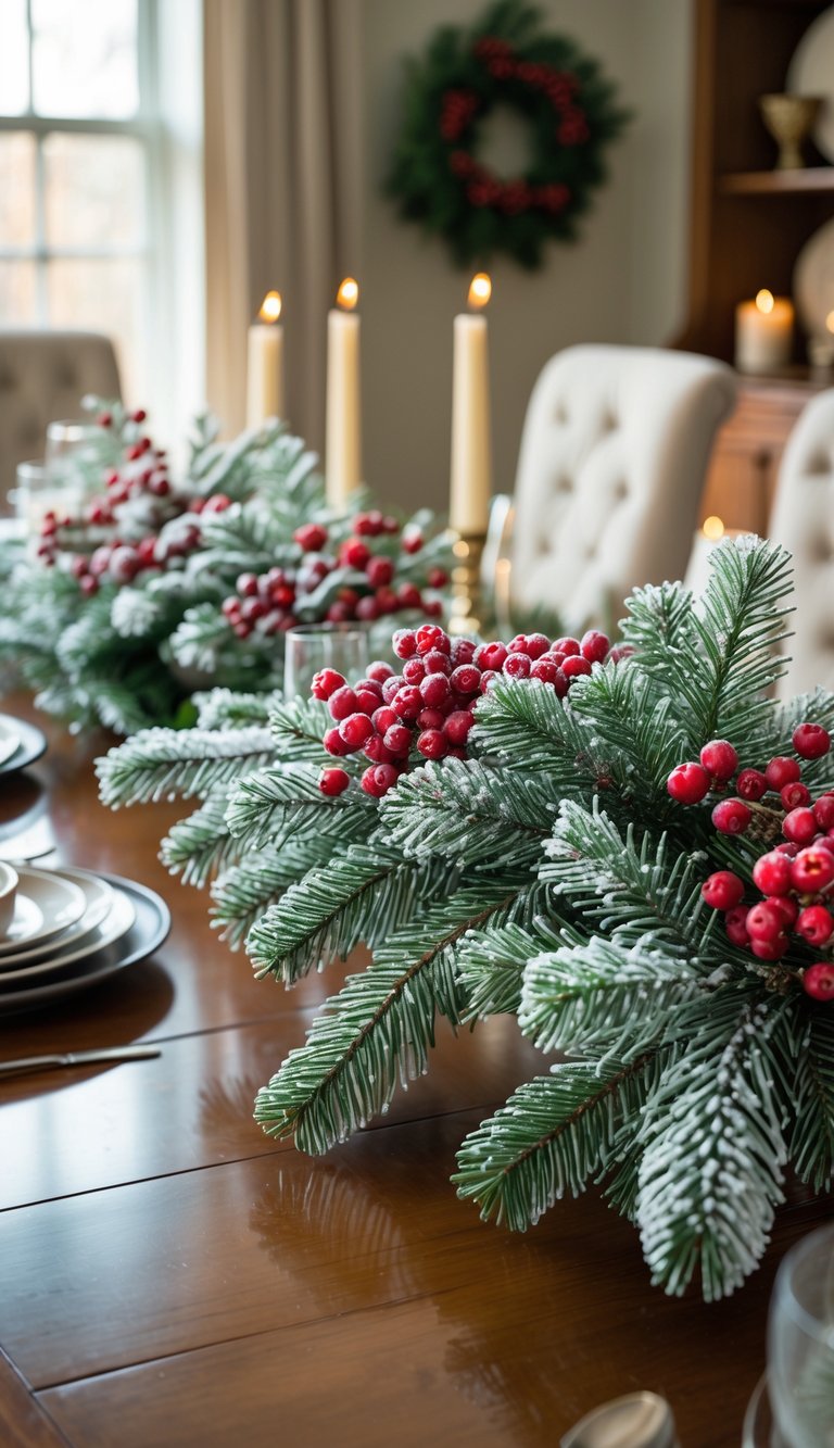 Christmas Dining Room Decor Ideas: 21 Festive Looks to Try 12 A dining table with a Christmas centerpiece made of frosted pine branches and red berries.