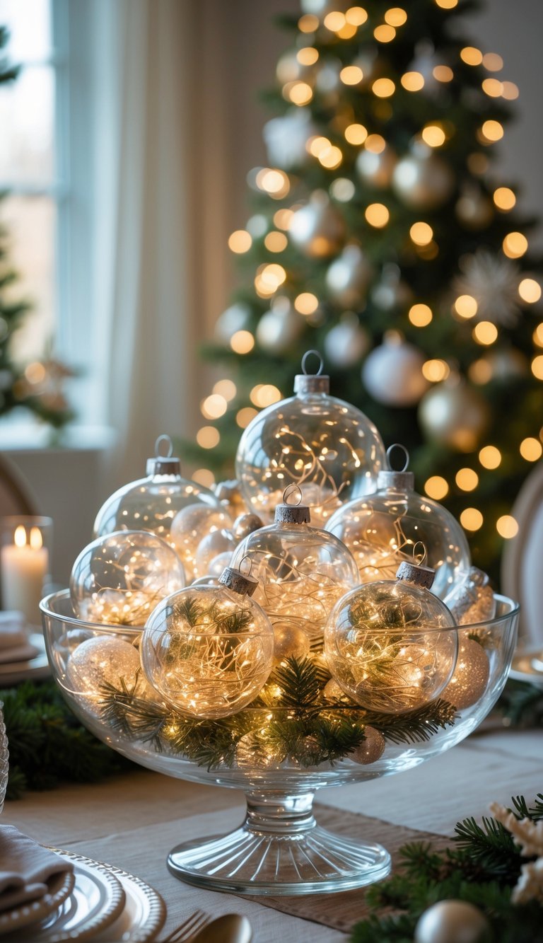 Christmas Dining Room Decor Ideas: 21 Festive Looks to Try 13 A clear glass bowl filled with glass ornaments containing fairy lights on a dining table decorated for Christmas.