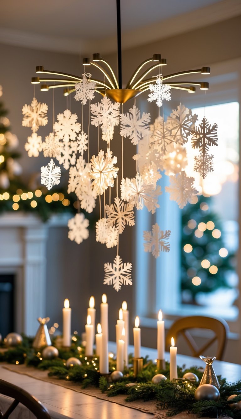 Christmas Dining Room Decor Ideas: 21 Festive Looks to Try 14 Christmas dining room with a chandelier decorated with clusters of handmade paper snowflakes hanging above a festively set dining table.