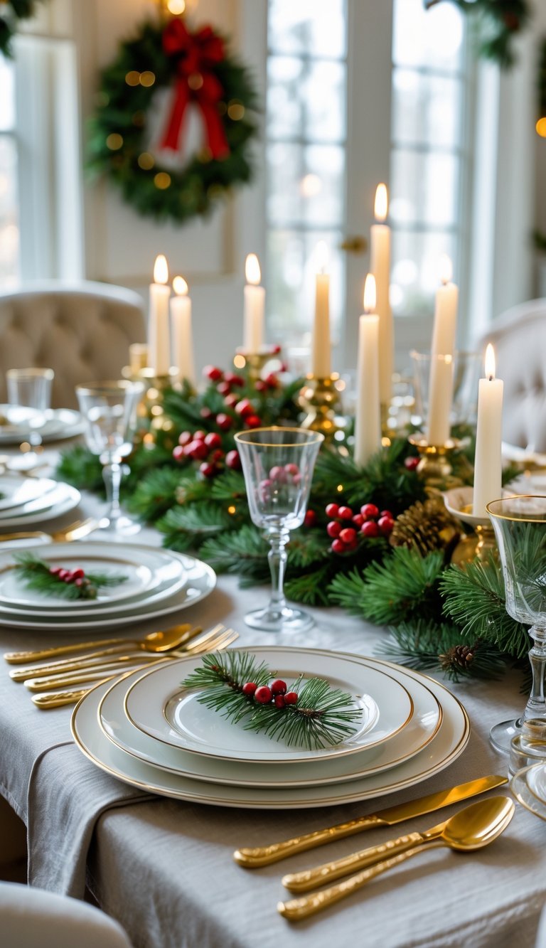 Christmas Dining Room Decor Ideas: 21 Festive Looks to Try 15 A dining table set with white china plates and gold flatware, decorated with Christmas greenery and candles in a festive dining room.