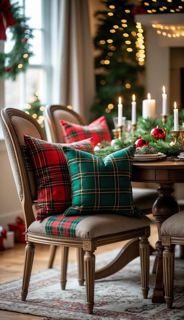Christmas Dining Room Decor Ideas: 21 Festive Looks to Try 17 A dining room with tartan cushions on chairs and Christmas decorations on the table and around the room.
