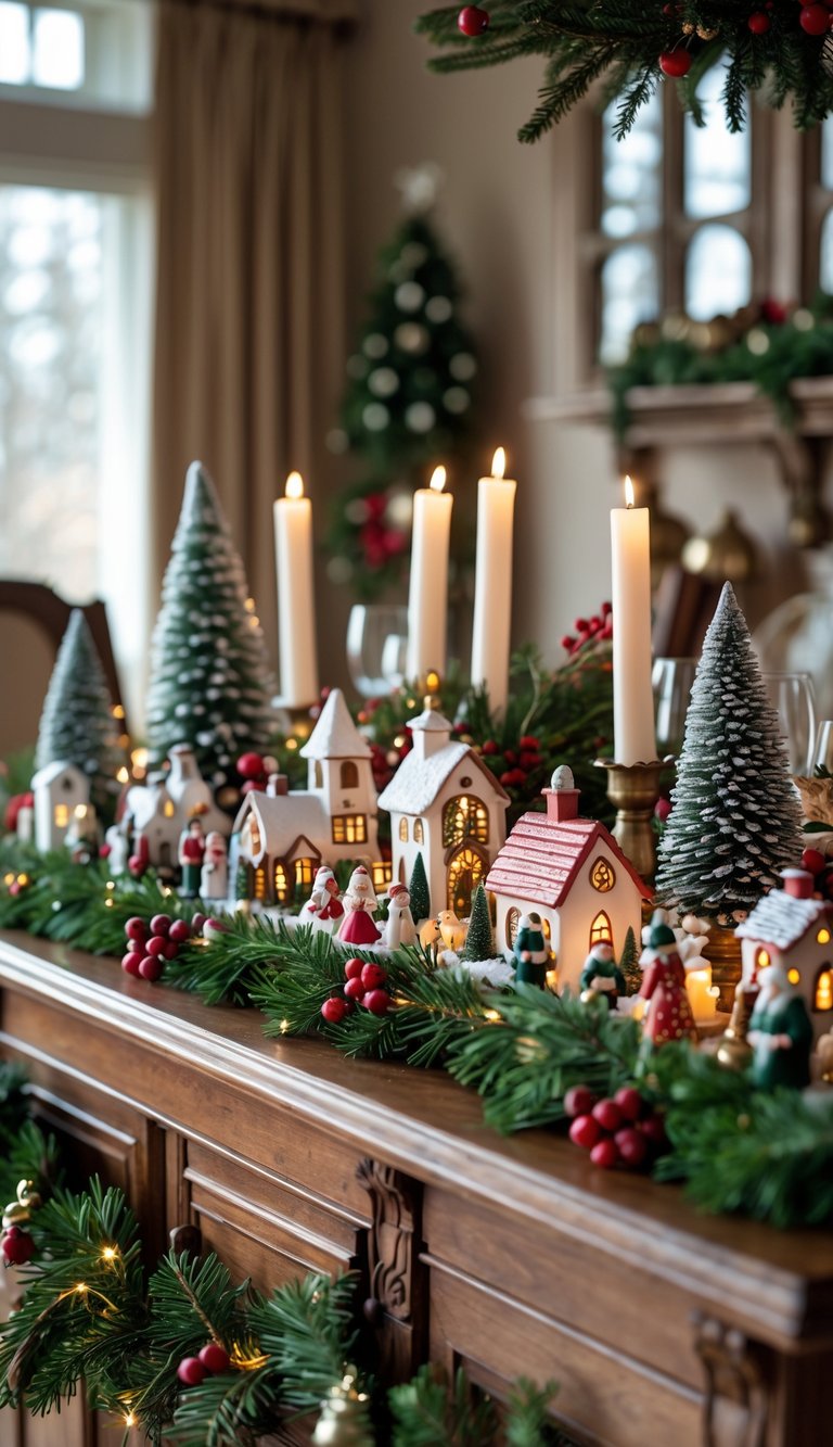 Christmas Dining Room Decor Ideas: 21 Festive Looks to Try 18 Miniature Christmas village figurines arranged on a sideboard in a dining room decorated for Christmas.