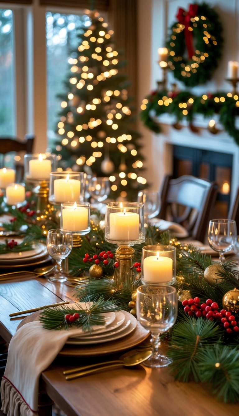 Christmas Dining Room Decor Ideas: 21 Festive Looks to Try 19 A Christmas dining room with a wooden table set with pine scented soy candles, pine branches, and festive decorations, with a decorated Christmas tree in the background.