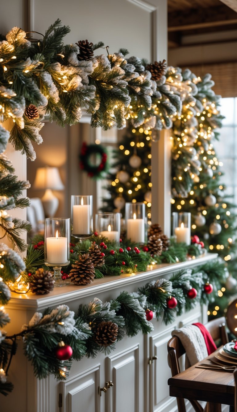 Christmas Dining Room Decor Ideas: 21 Festive Looks to Try 20 A Christmas dining room with a mantel and buffet decorated with faux snow garlands, pinecones, berries, and candles.
