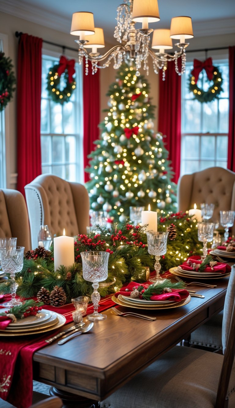 Christmas Dining Room Decor Ideas: 21 Festive Looks to Try 23 A Christmas dining room with a decorated table set for a holiday meal, a Christmas tree in the background, and festive decorations around the room.