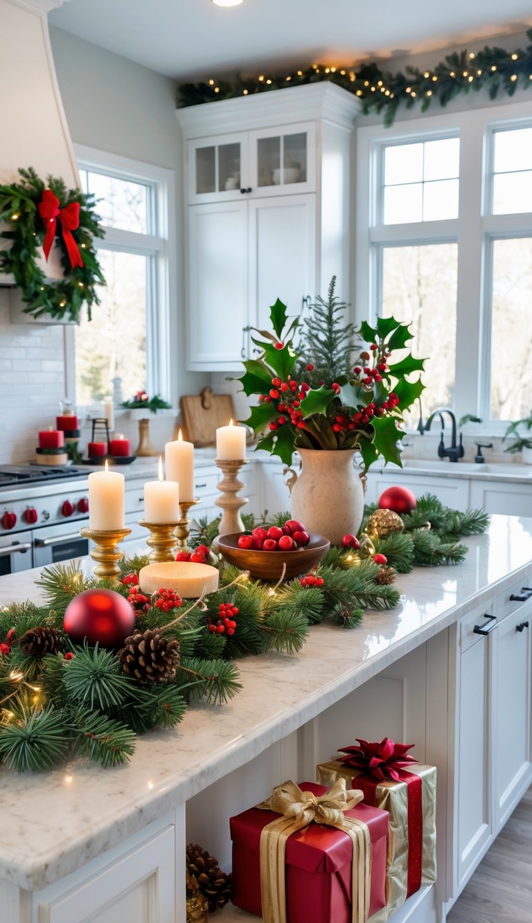 A modern kitchen with a large island decorated with Christmas garlands, candles, ornaments, and wrapped gifts.