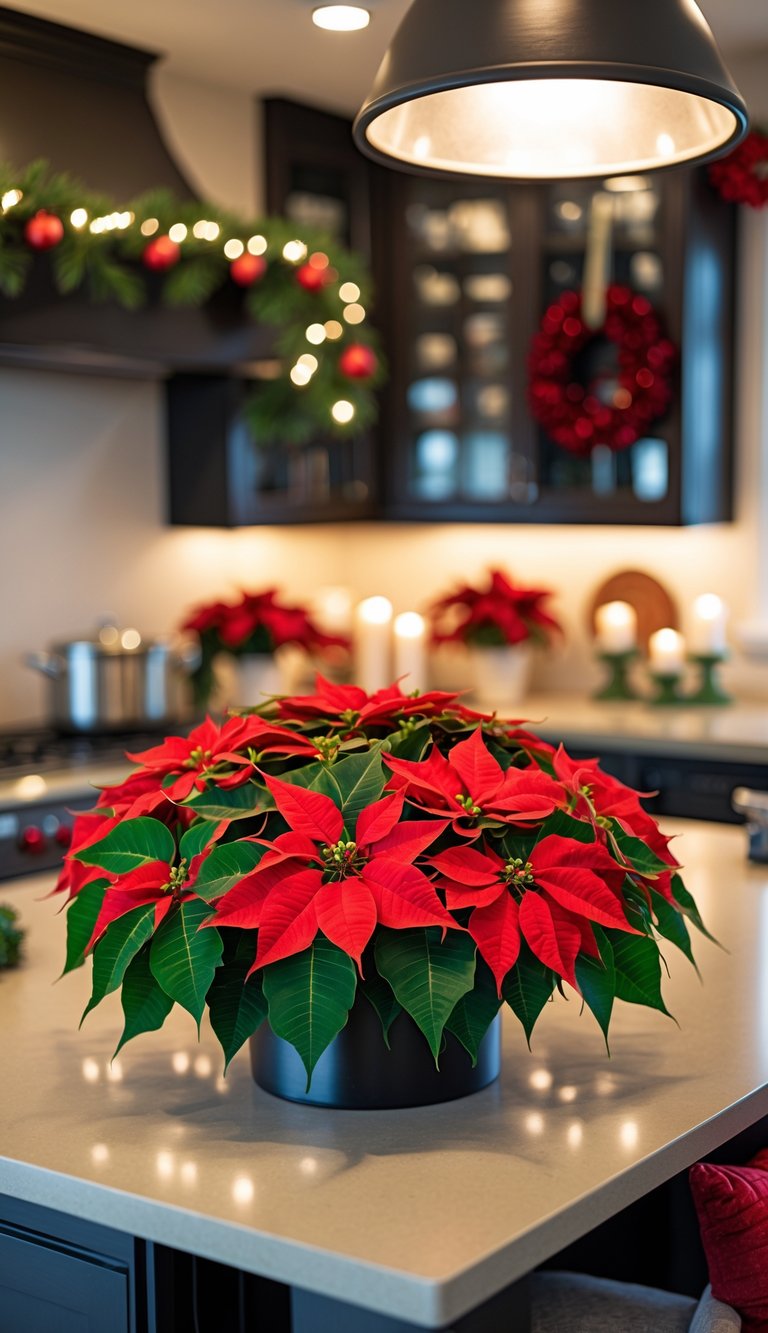 Red poinsettia floral centerpiece on a kitchen island with Christmas decorations in the background.