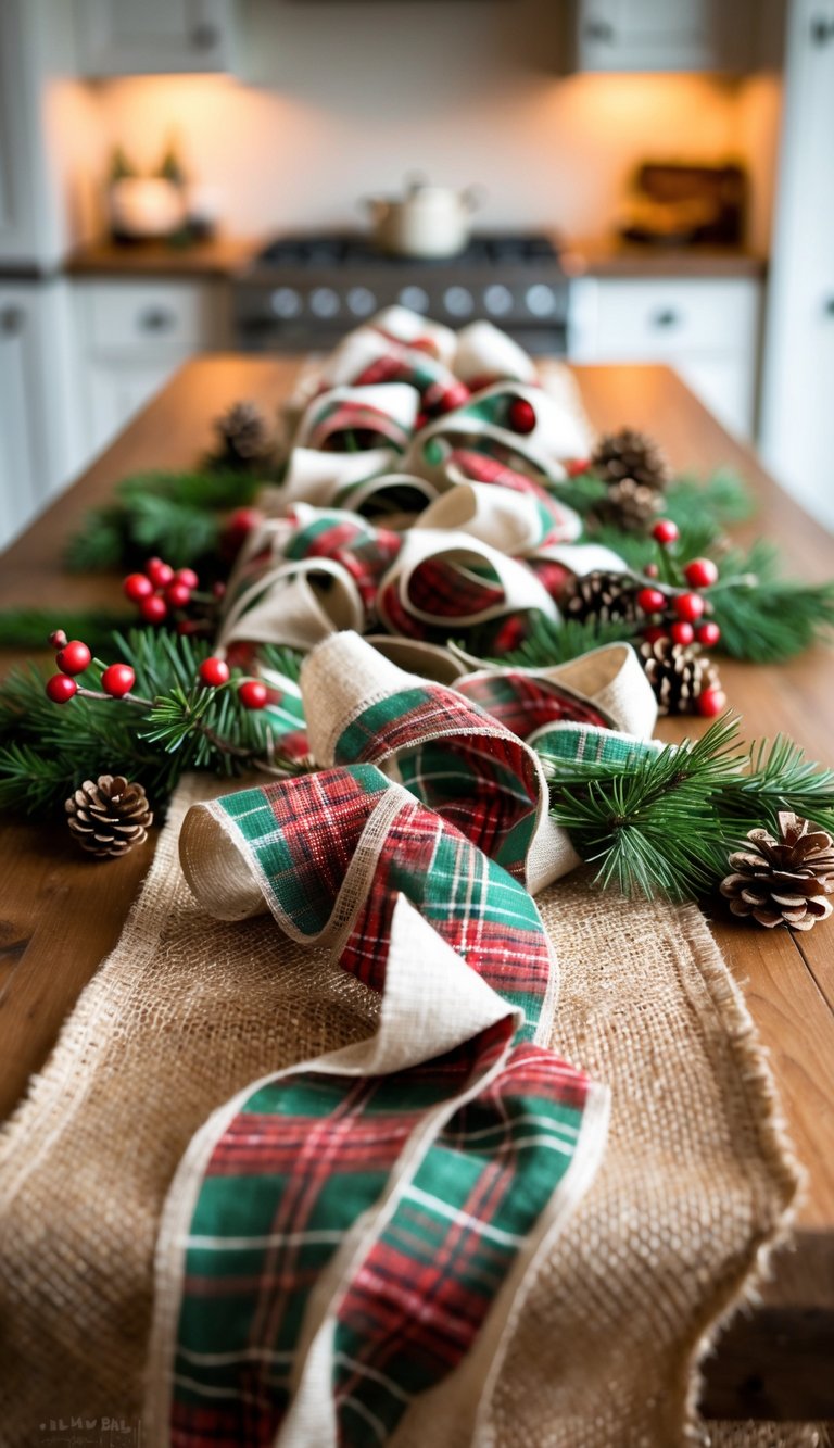 A kitchen island decorated with a burlap runner and plaid ribbons surrounded by pinecones and evergreen sprigs for Christmas.