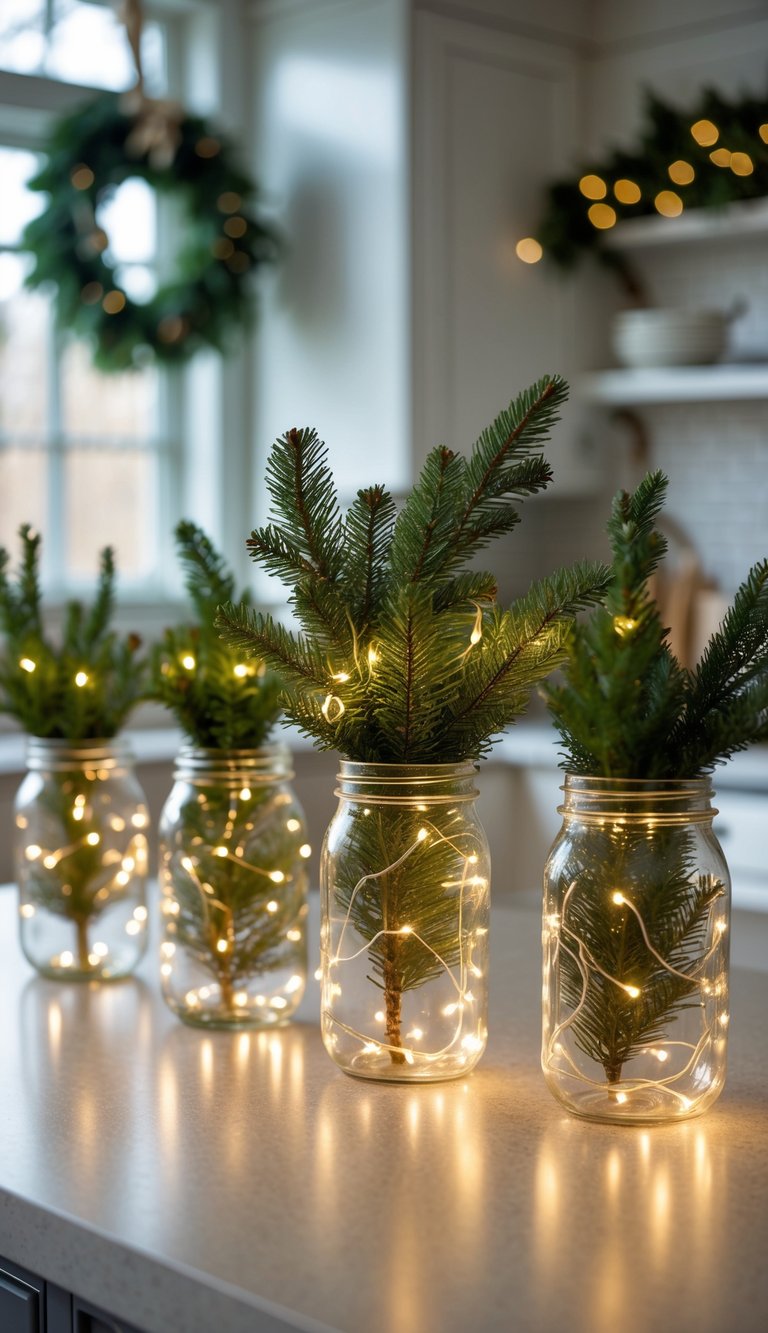 Mason jars filled with fresh pine branches and fairy lights arranged on a kitchen island as Christmas decorations.