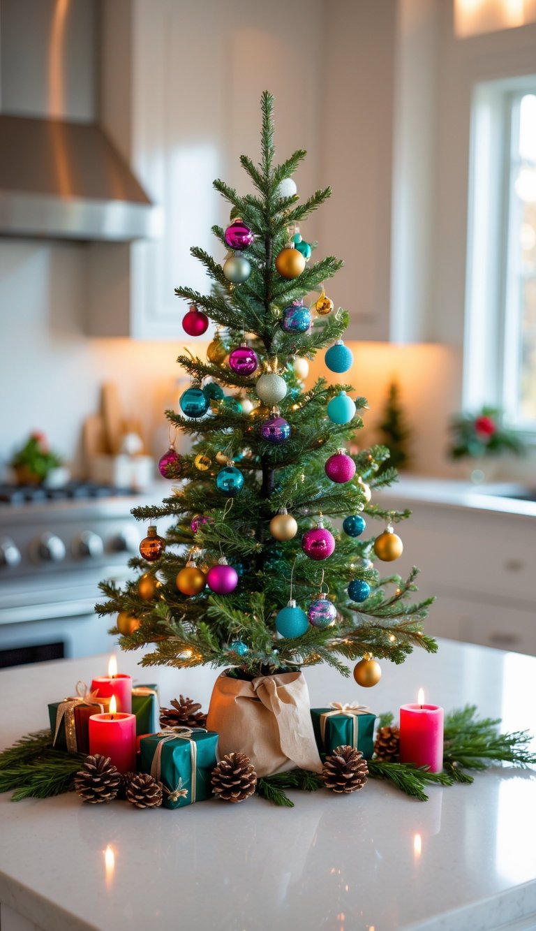 Mini tabletop Christmas tree decorated with ornaments on a kitchen island surrounded by holiday decorations.