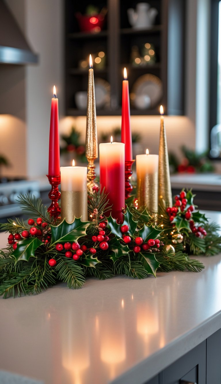 A festive arrangement of red and gold candles with greenery on a kitchen island.