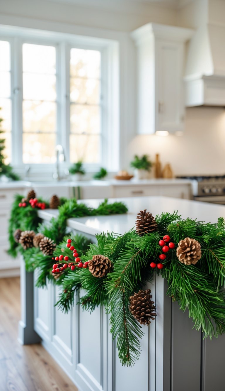 Kitchen island decorated with a garland of pinecones and red berries around its edges.