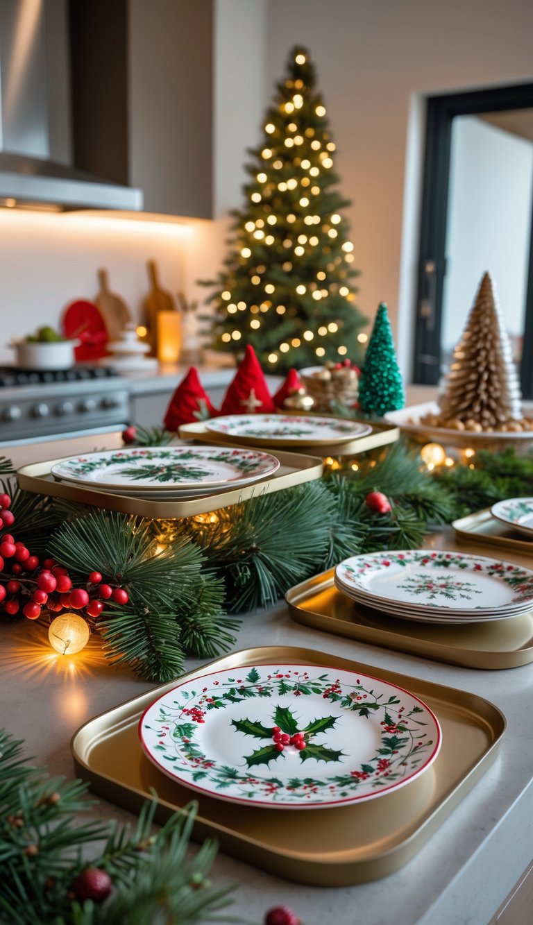Kitchen island with decorative serving trays holding holiday-themed plates and Christmas decorations.