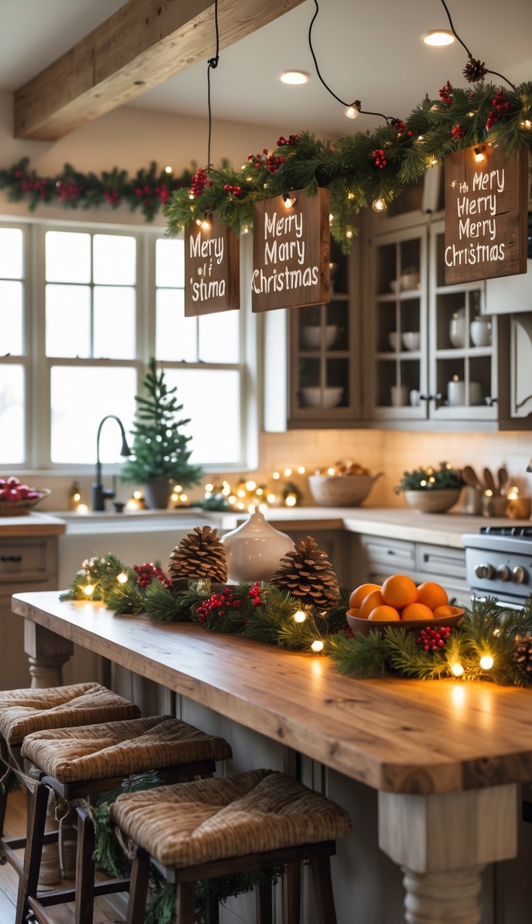 A kitchen island decorated with rustic wooden signs and Christmas decorations including pine garlands, berries, and string lights.