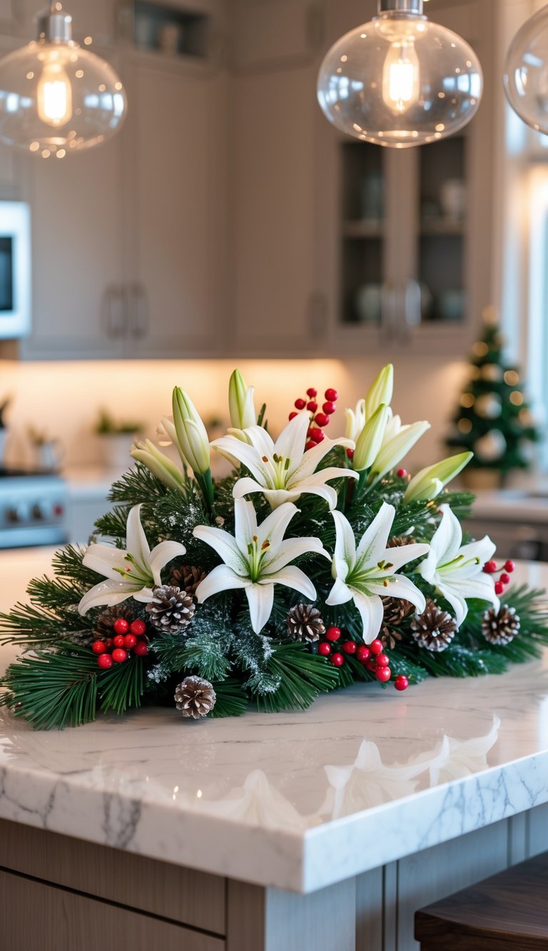 A kitchen island decorated with snowy white lilies, pine branches, red berries, and pinecones for Christmas.