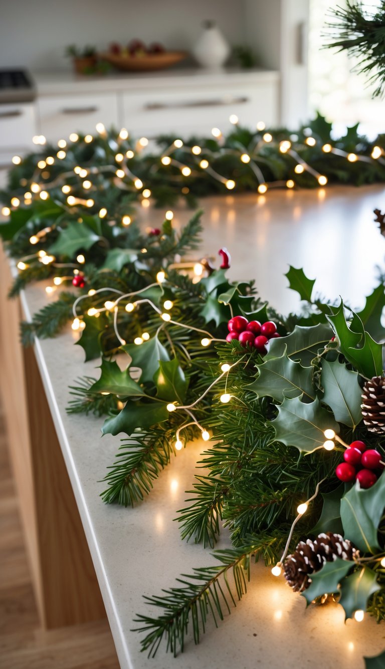 A kitchen island decorated with green garlands and twinkling string lights for Christmas.