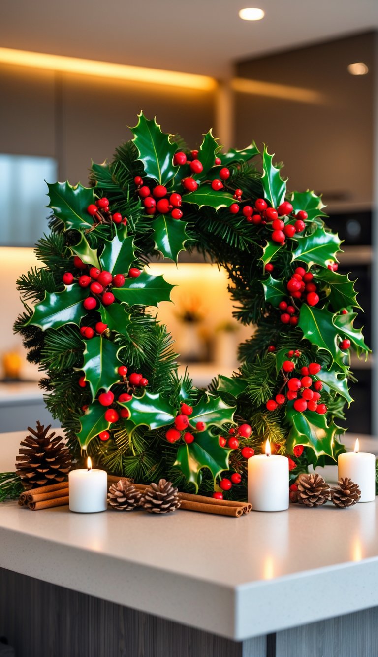 Christmas wreath centerpiece with holly berries on a kitchen island surrounded by holiday decorations.