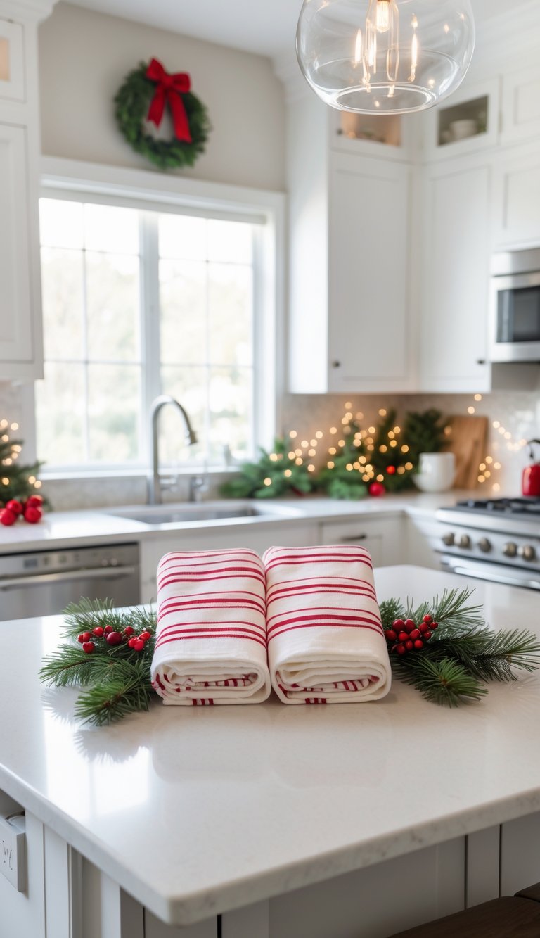 A kitchen island decorated for Christmas with candy cane striped towels, pine branches, red berries, and warm white lights.